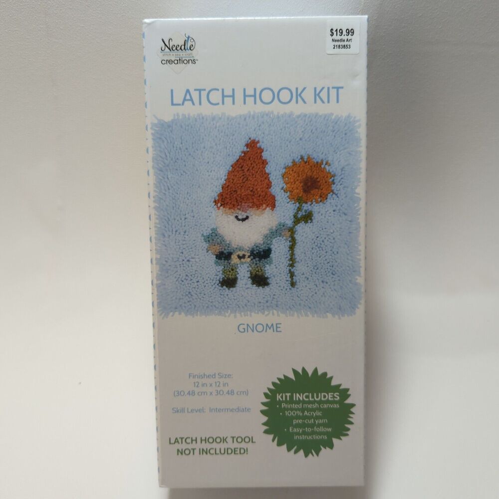 New Gnome Latch Hook Kit Needle Creations 12 Inch Square Retro Flower Garden Elf